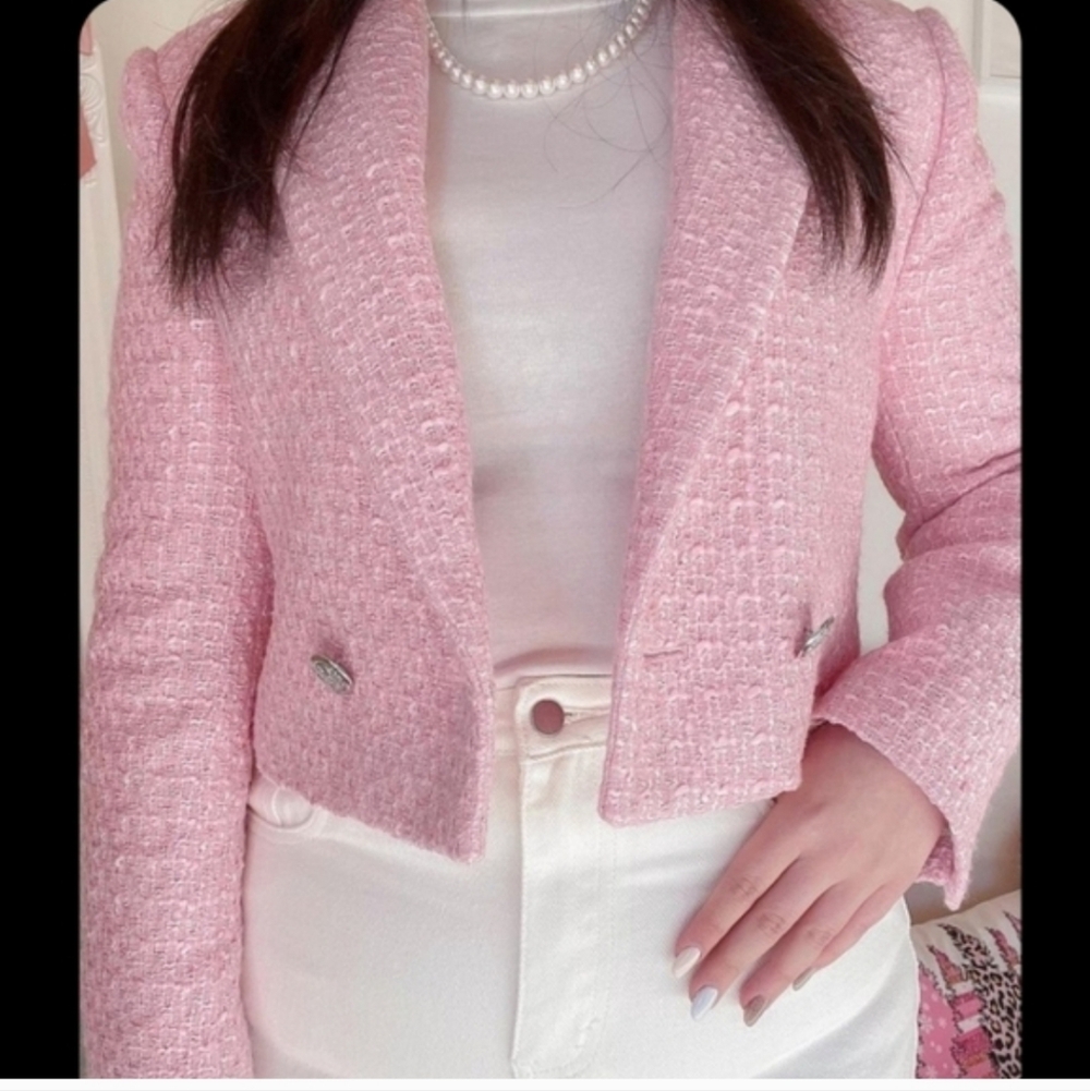 Zara Tweed Textured Cropped Blazer Pink Size XS - Picture 5 of 16
